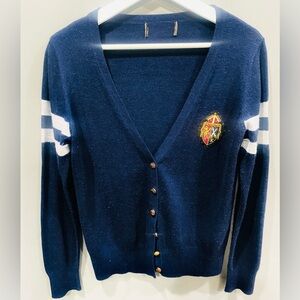 Navy Blue Cardigan Button Down V Neck Sweater with Embroidered Crest Sz M